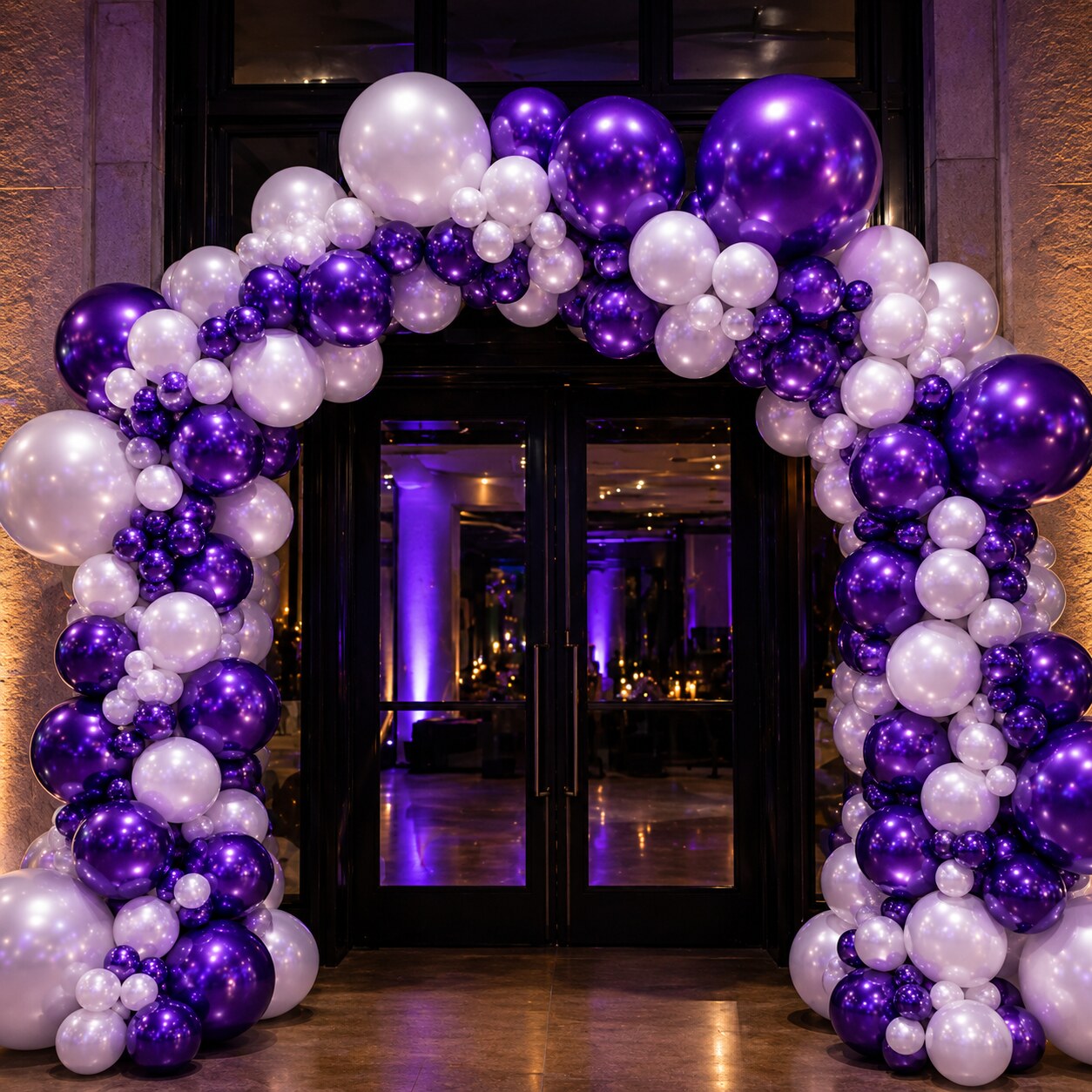 APM UK purple and white balloon arch entrance