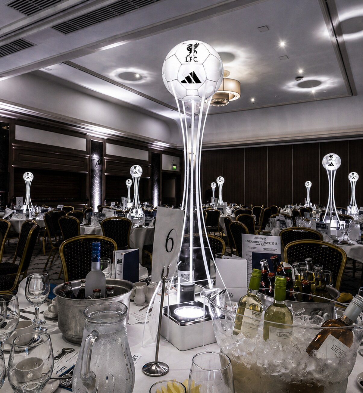 LFC Foundation illuminated football centrepiece at a gala dinner