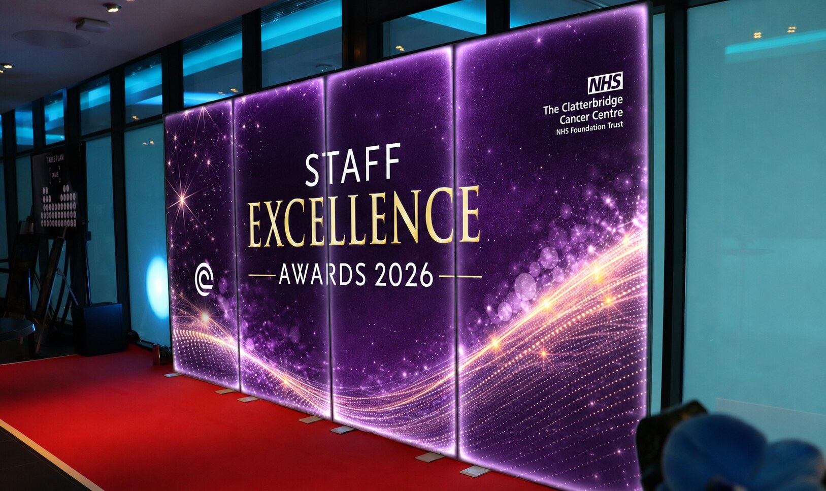 Staff Excellence Awards illuminated backdrop, Clatterbridge Cancer Centre NHS Foundation Trust