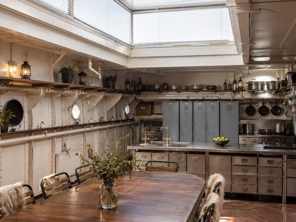 Working galley and kitchen aboard The War Ship London, with the upper-deck dining table
