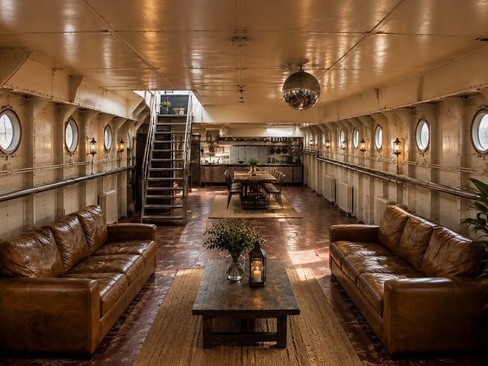 The full length of The War Ship London's saloon, from the seating area to the dining table